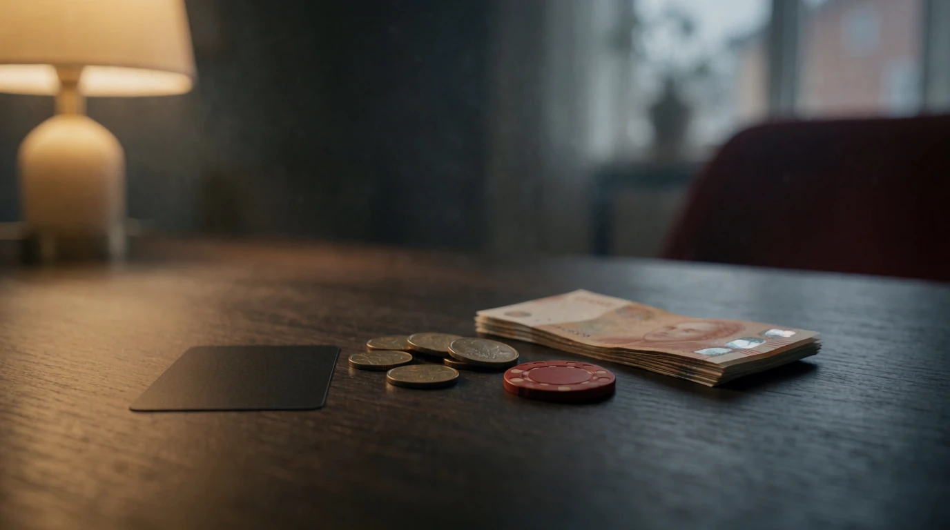 Svenska kronor, en röd casinobricka och ett mörkt kort på ett träbord