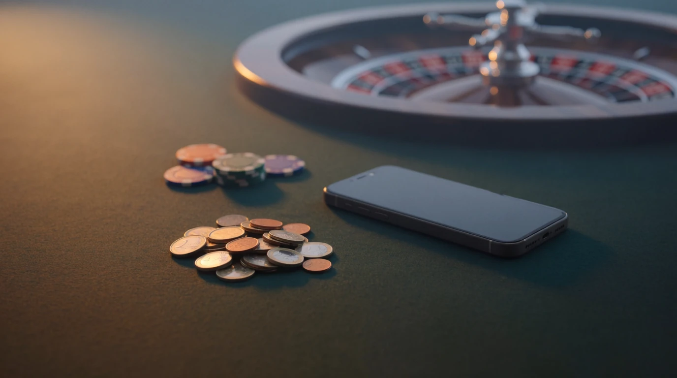 Euro-kontanter och casinomarker på filtbord med dold mobilskärm