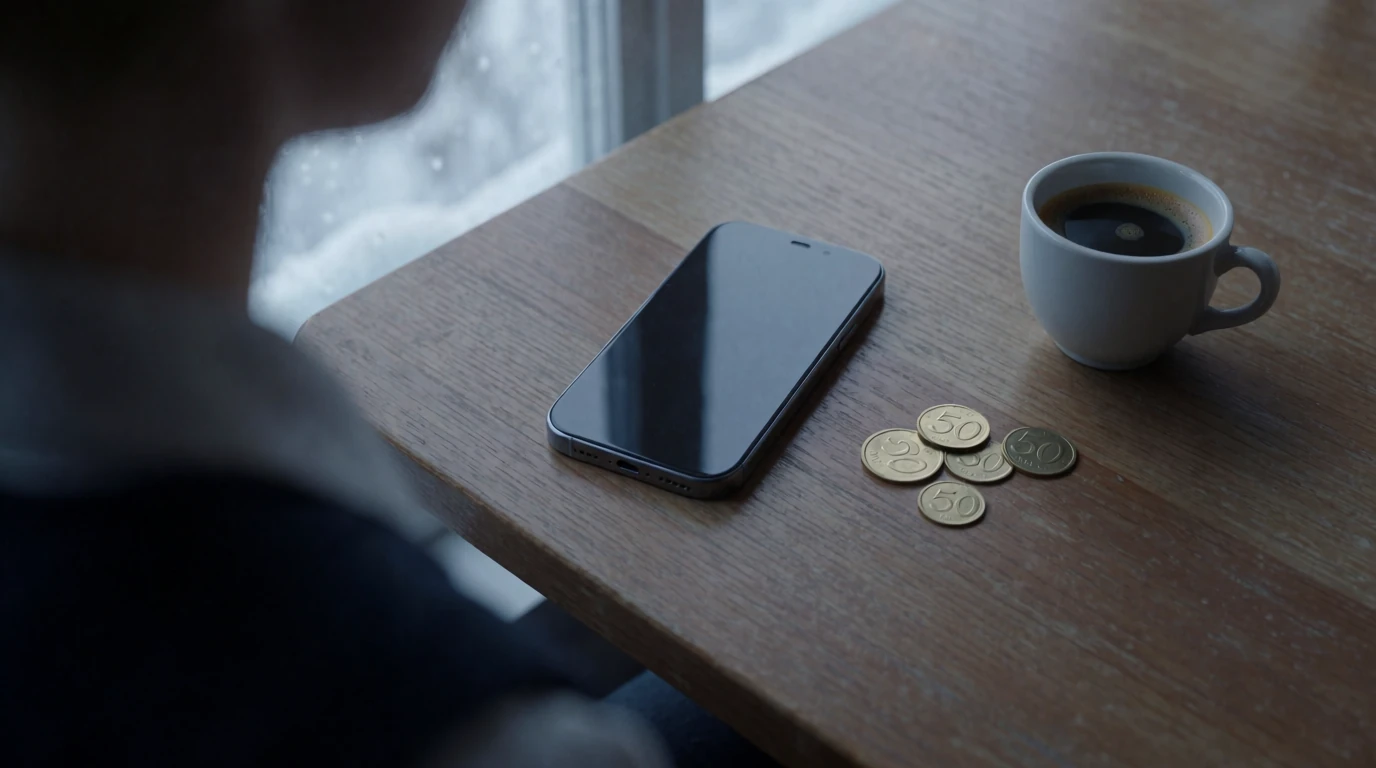 Svenska 50-kronors mynt bredvid en smartphone och en kopp kaffe