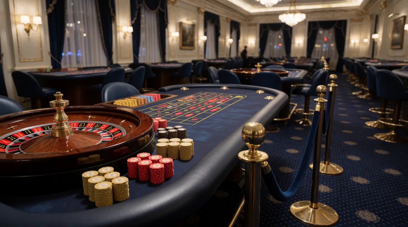 Elegant svenskt kasinobord med roulette och marker i varm belysning