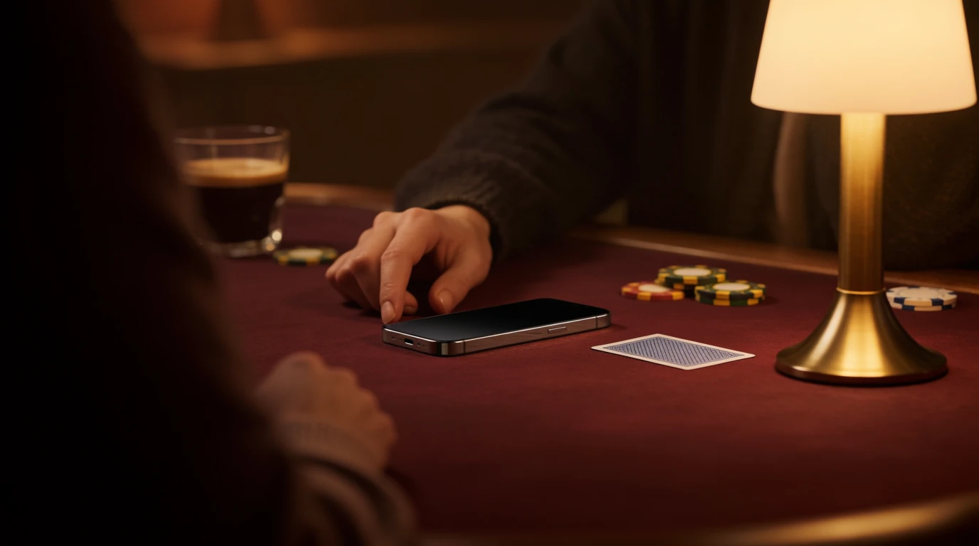 Mobiltelefon på casinobord med marker och ett kort