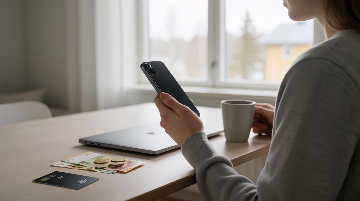 Svensk person vid skrivbord med mobil, kaffekopp och svenska kronor