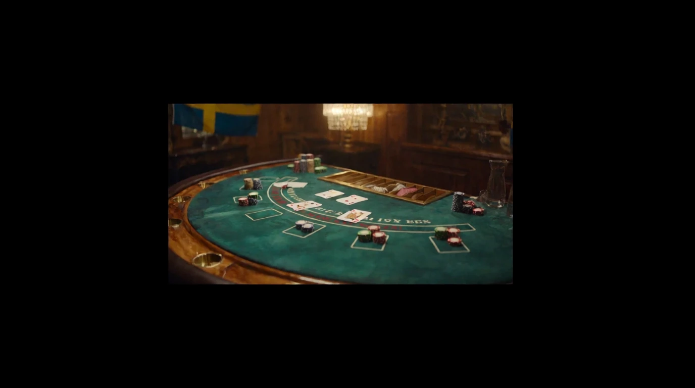 Blackjackbord med grönt filttyg, marker och kort på ett klassiskt casino