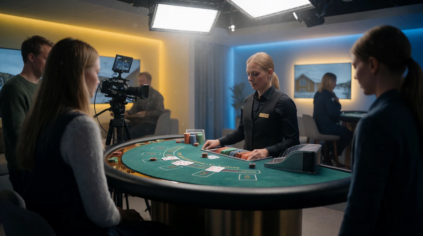 Professionell live dealer vid blackjackbord i modern studio med svensk design