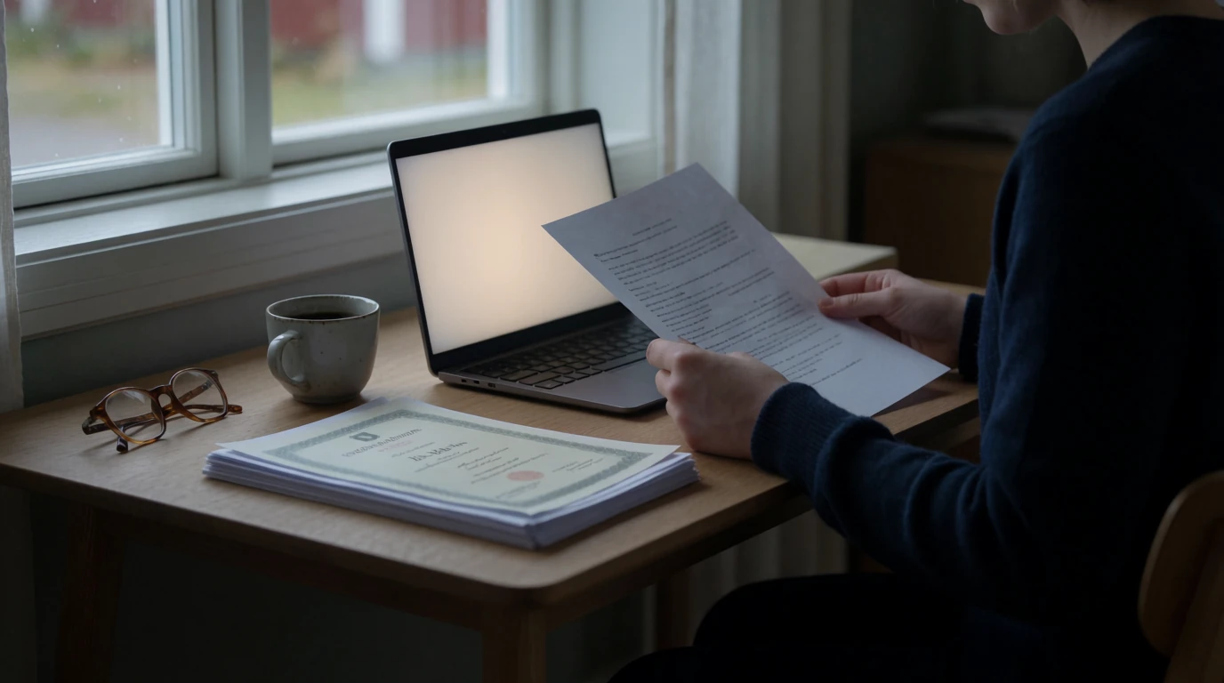 Person vid skrivbord som granskar dokument och intyg om spellicens