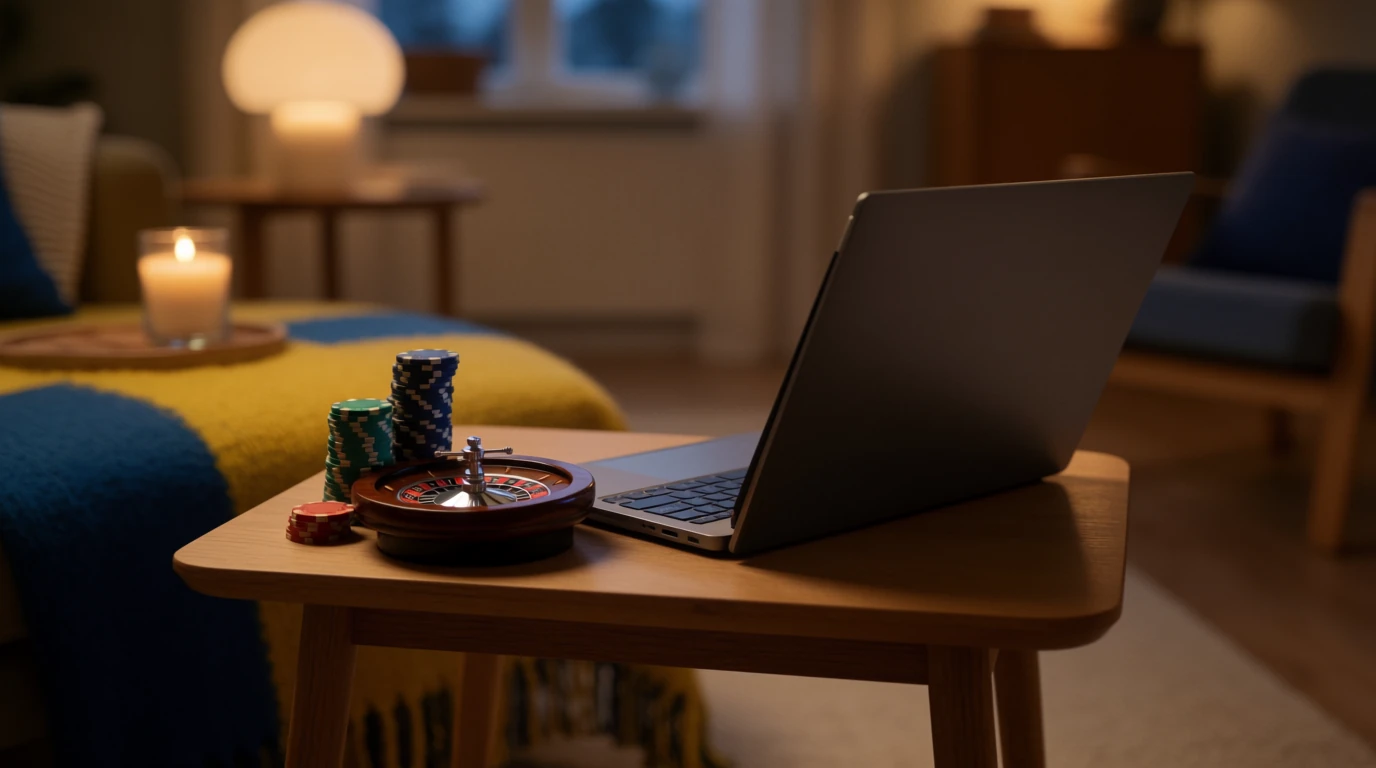 Modernt nordiskt vardagsrum med casinotillbehör och mjuk belysning