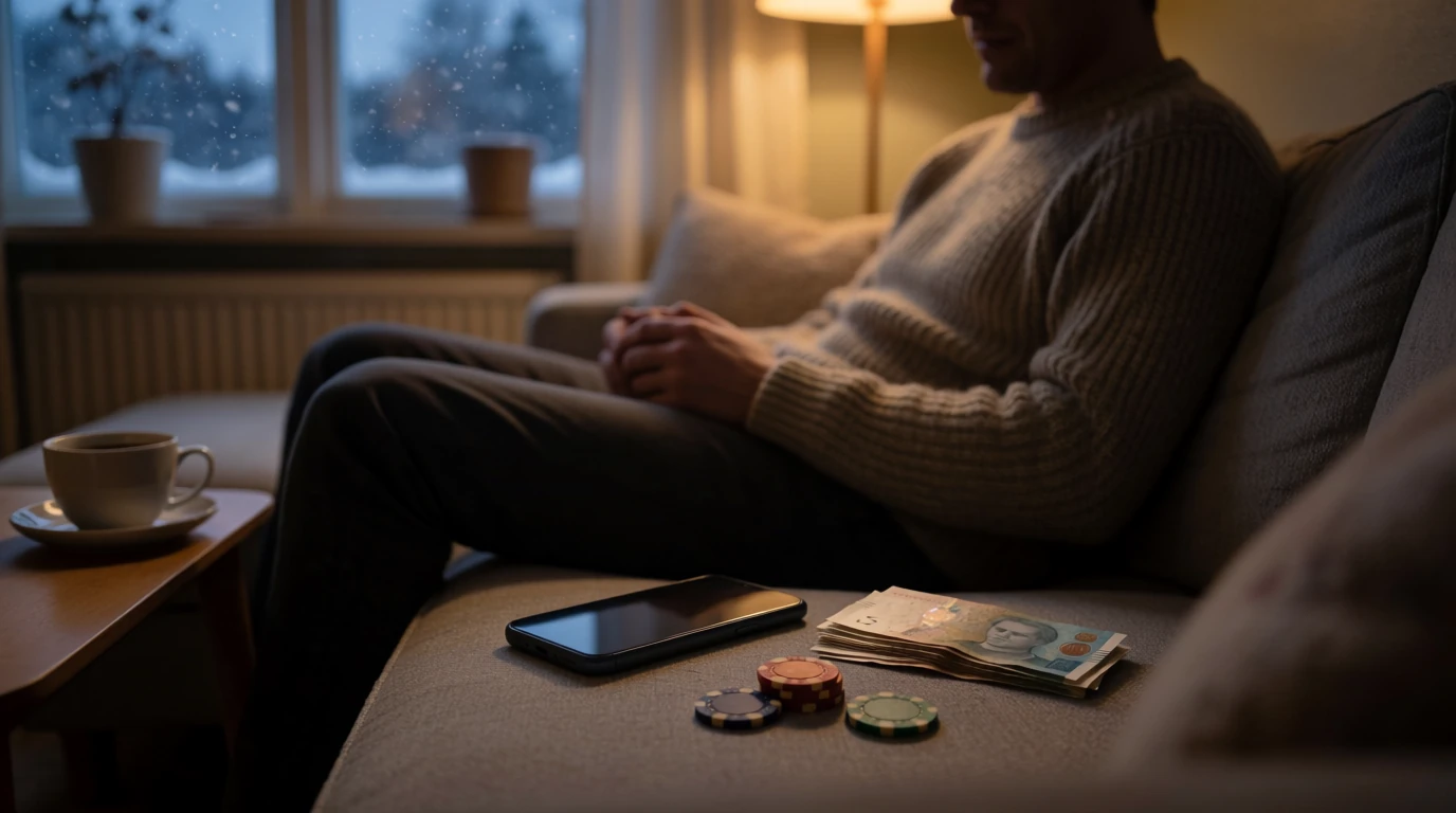 Man i soffa med svenska kronor och casinotärningar bredvid