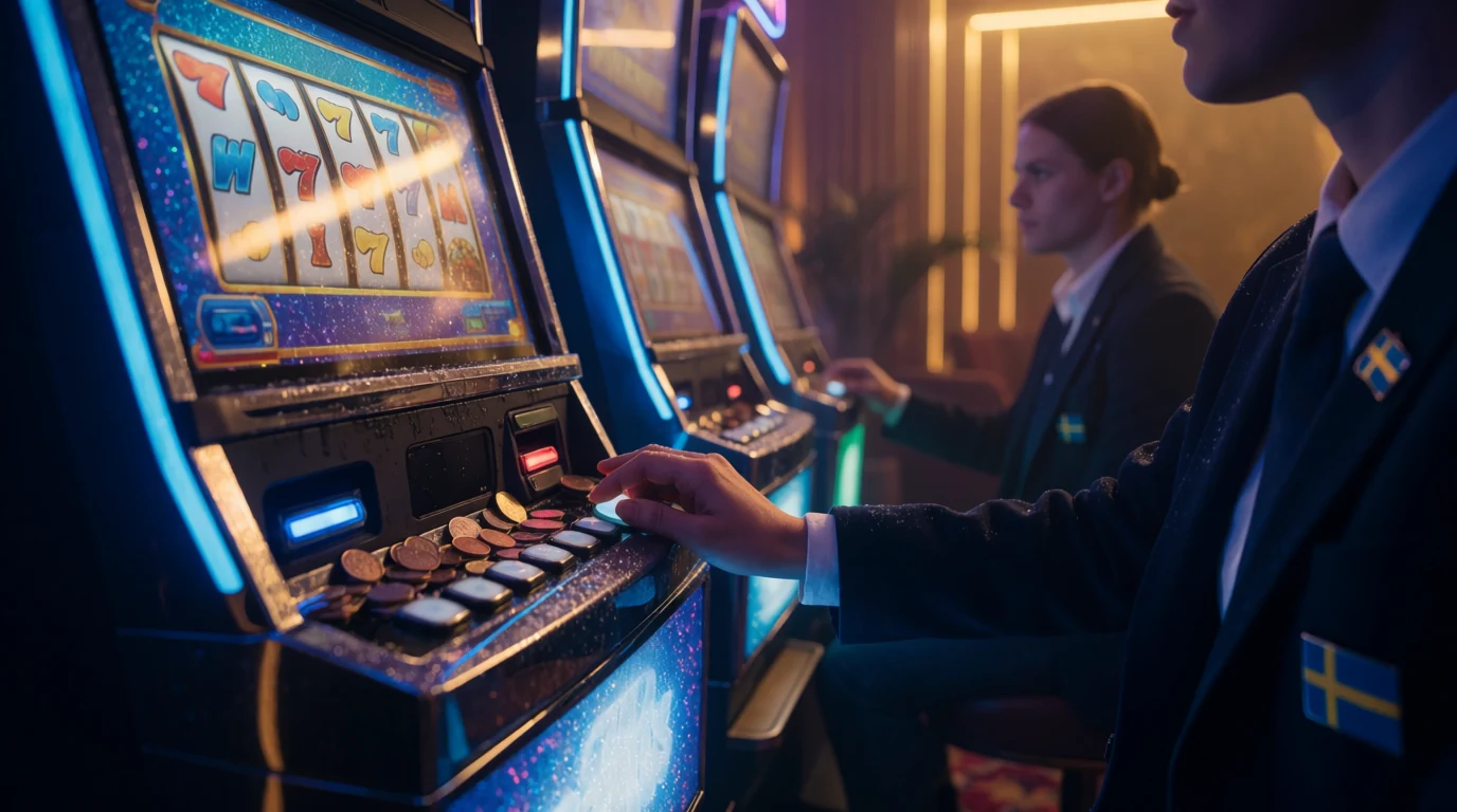 En hand som trycker på en spelautomat i en modern casinohall med svensk minimalistisk stil