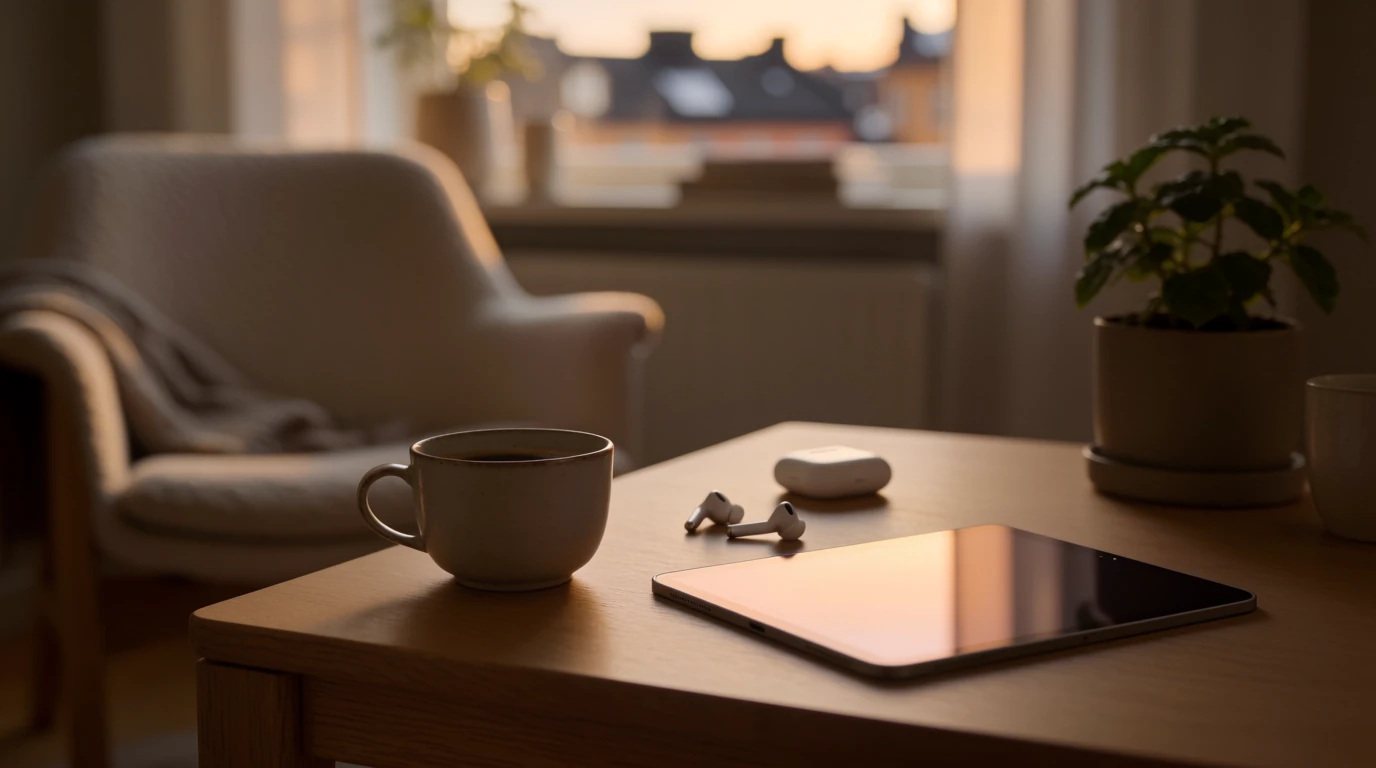 Mysig lägenhet i Sverige med kaffe och surfplatta vid gyllene timmen