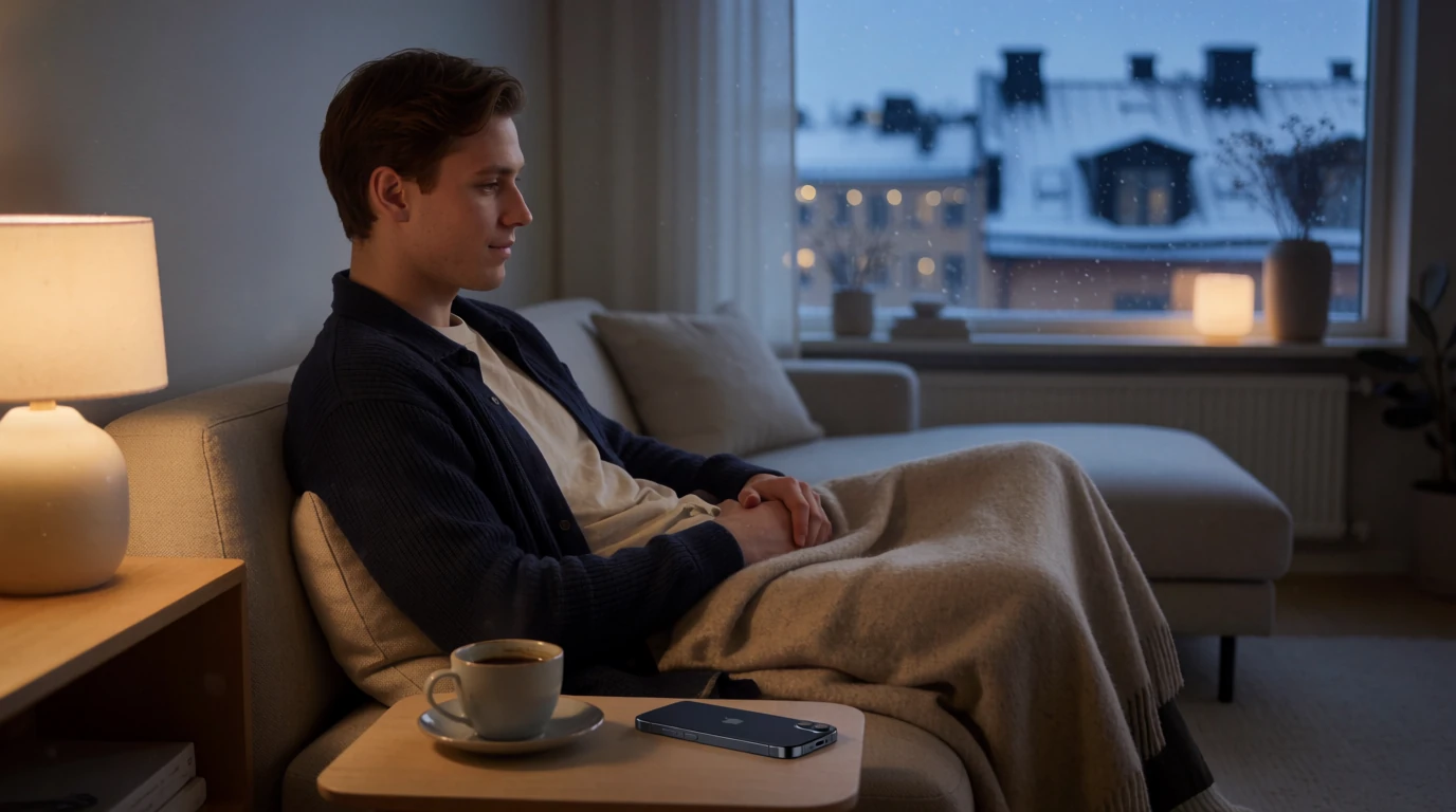 Avslappnad svensk man i modern vinterlägenhet med kaffe och telefon