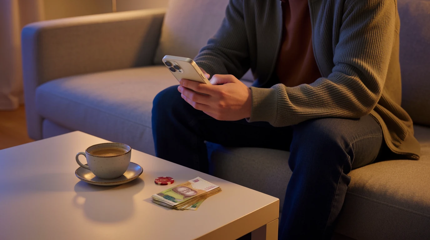 Person i svensk vardagsrum med telefon och casinomarker