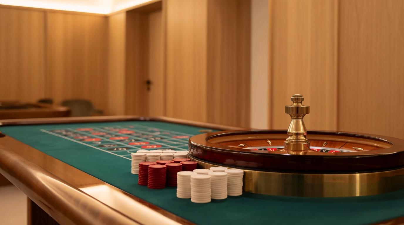 Polerad roulette och casinomarker i en stilren svensk spelhall