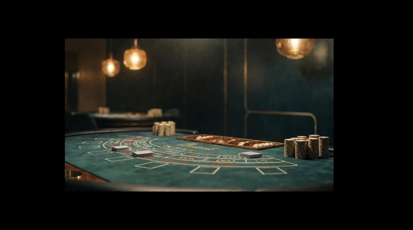Elegant baccaratbord med marker och kort i svensk casinomiljö