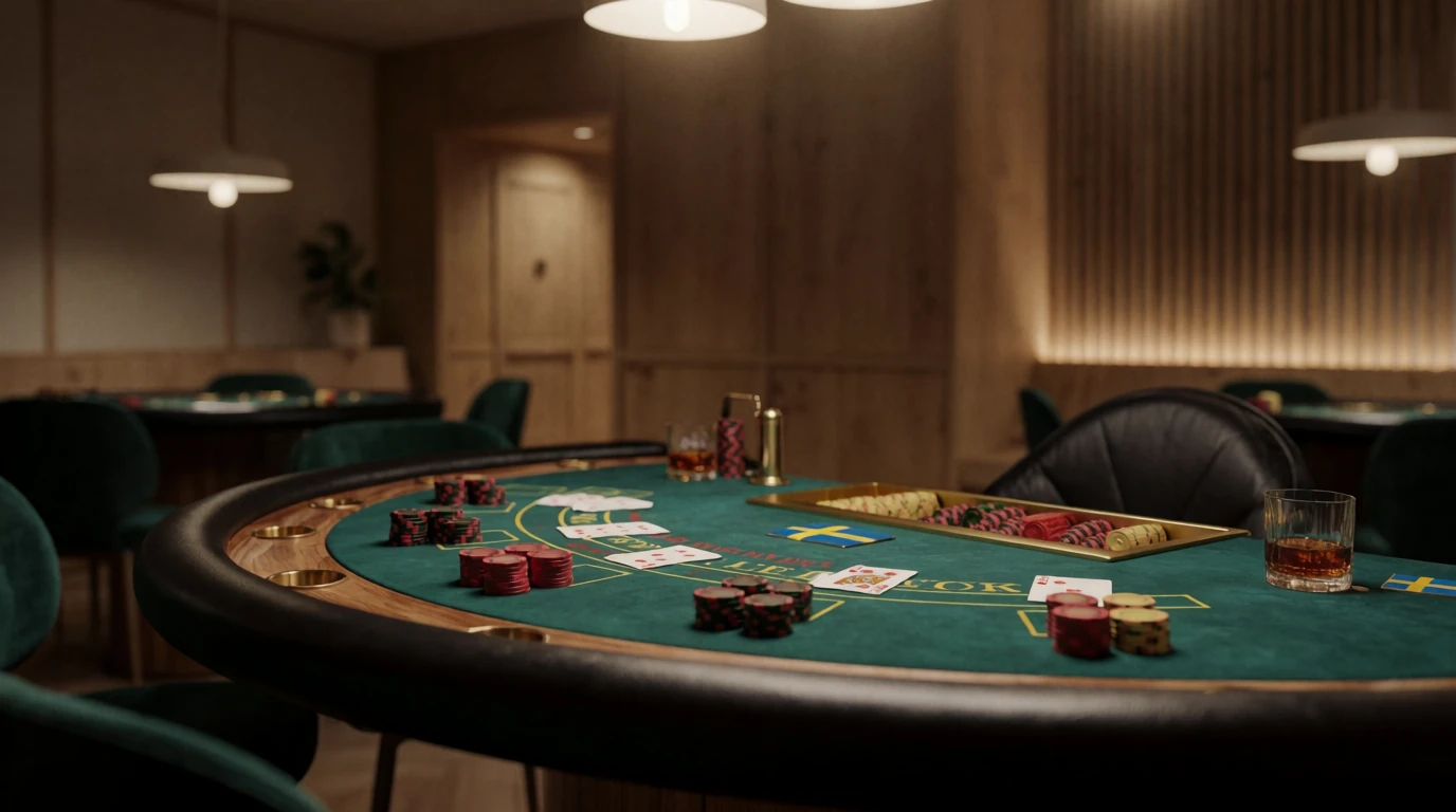 Blackjack-bord med marker och kort på grönt filtkläde i elegant svensk casinomiljö