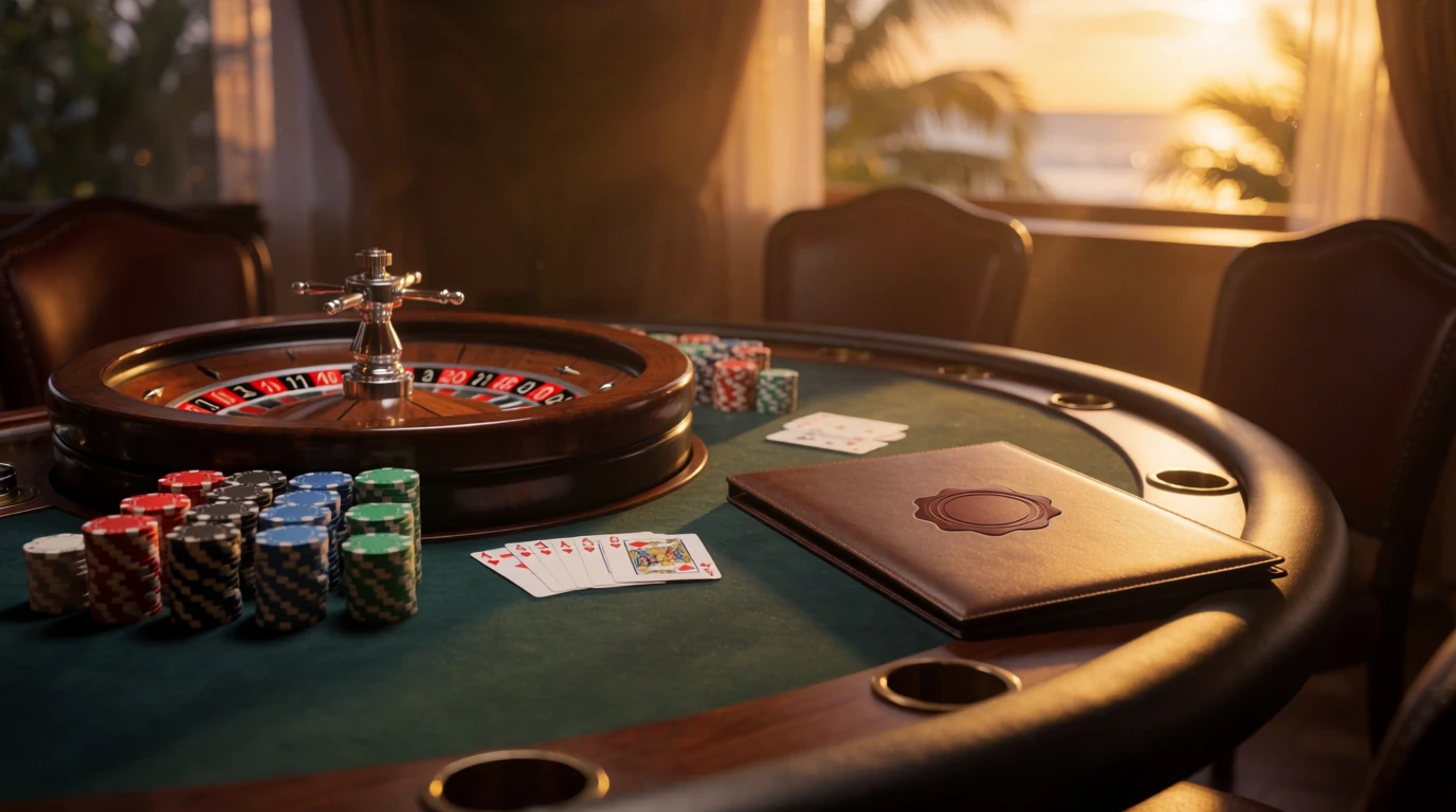 Elegant casinobord med roulette, marker och stängd dokumentmapp i karibisk belysning