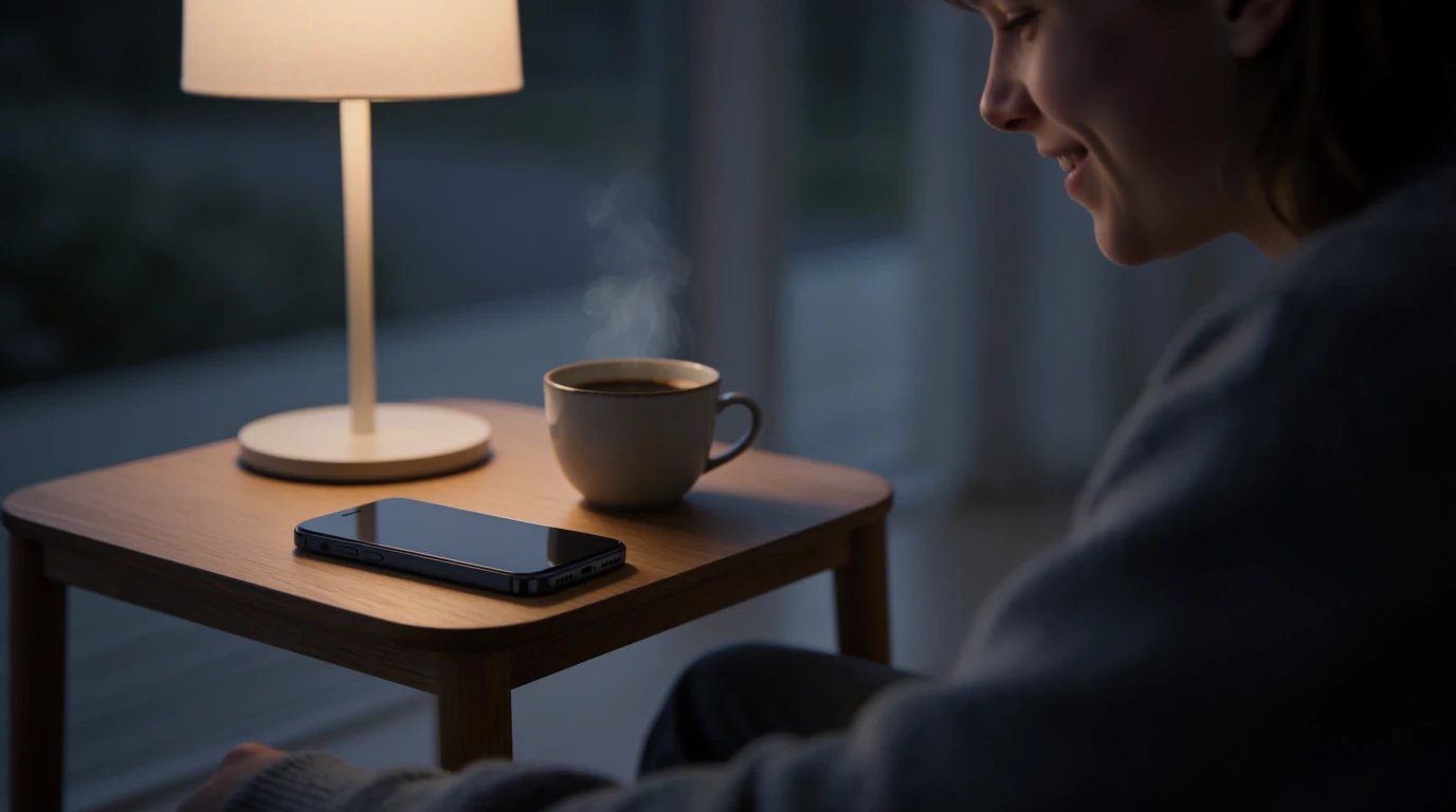 Svensk person vid sidobord med smartphone och kaffe i modern lägenhet