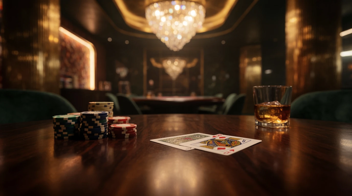 Stilrent casinobord med marker och spelkort i varm belysning