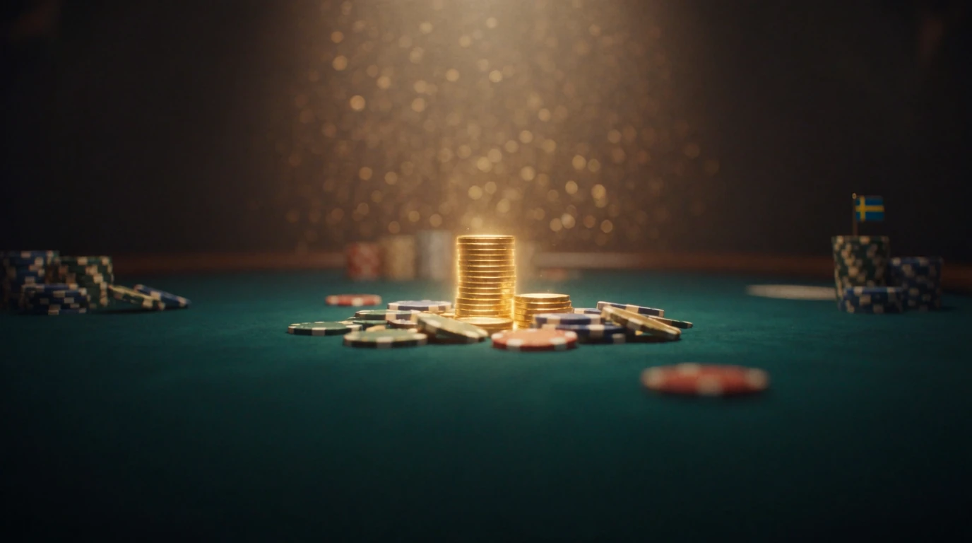 Gyllene mynt och casinof marker på grönt filtbord med varm belysning