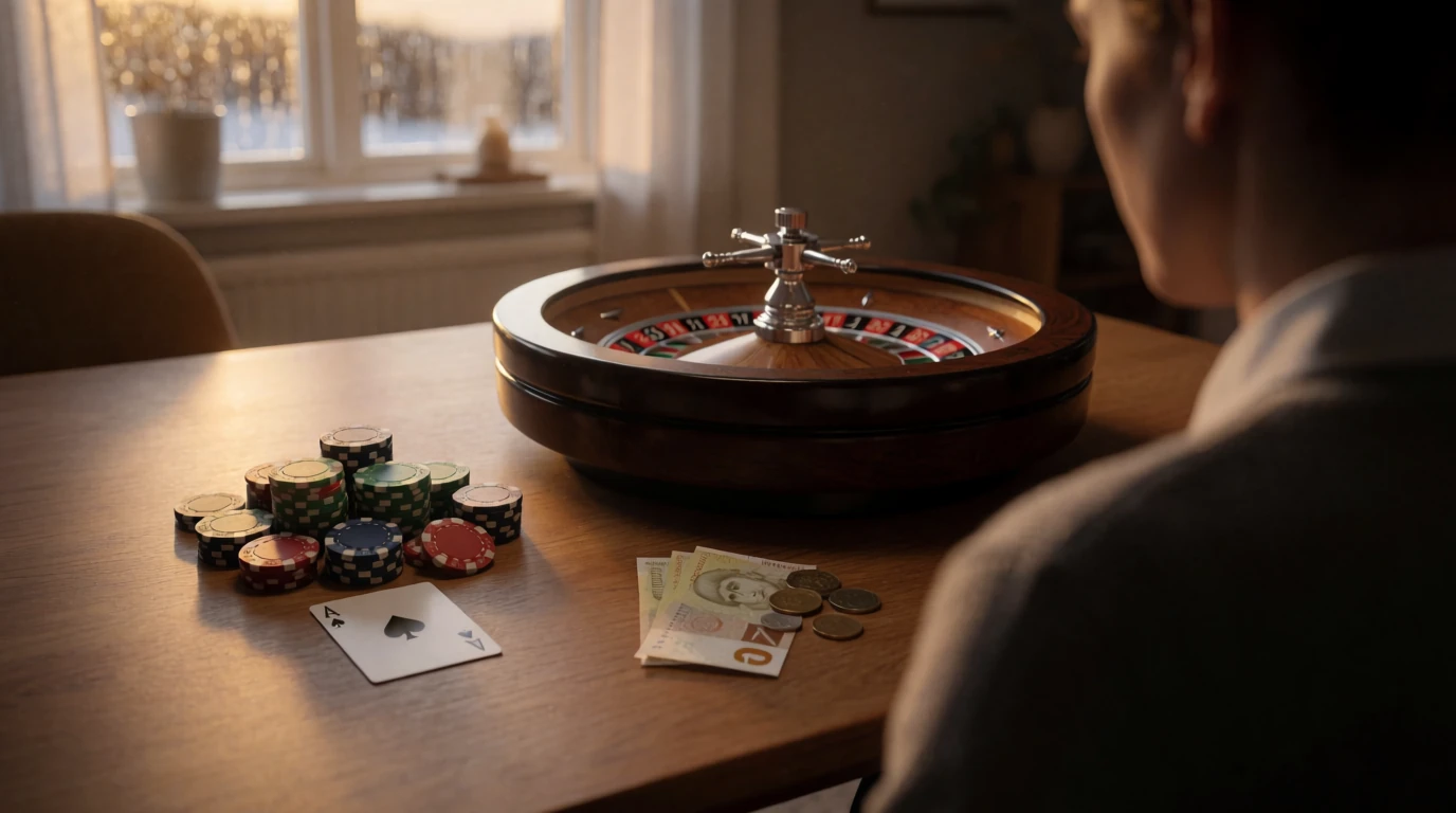 Casinochips, ett roulettebord och svenska kronor på ett träbord