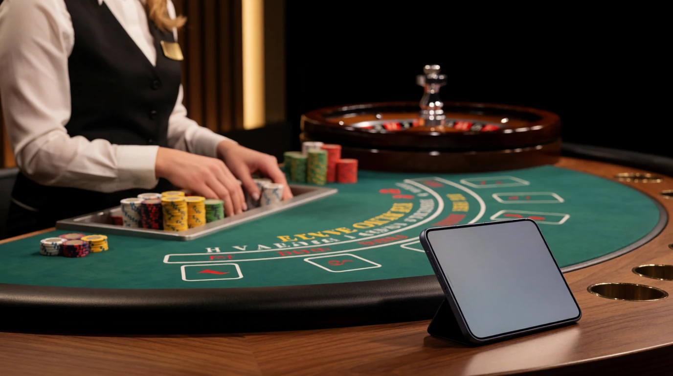 Professionell live dealer bredvid ett blackjackbord med casinofärgade marker i en modern studio