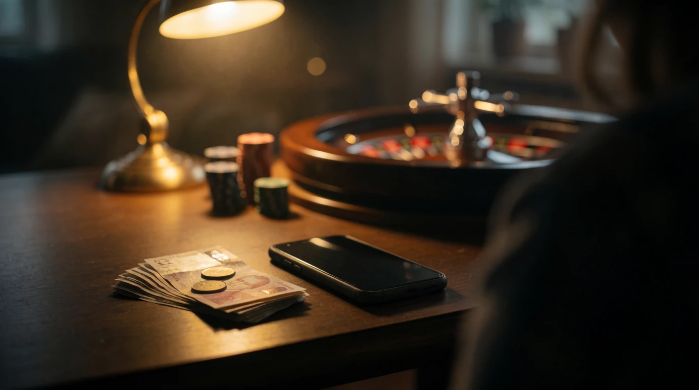 Svenska kronor och mynt bredvid en telefon vid ett casinobord