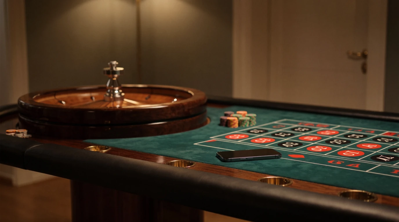 Elegant roulettebord med hjul och casinofärgade marker i varm belysning