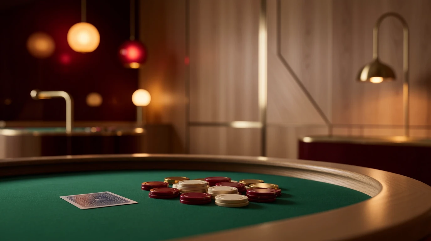 Elegant casinomiljö med roulettebord och marker i varm belysning