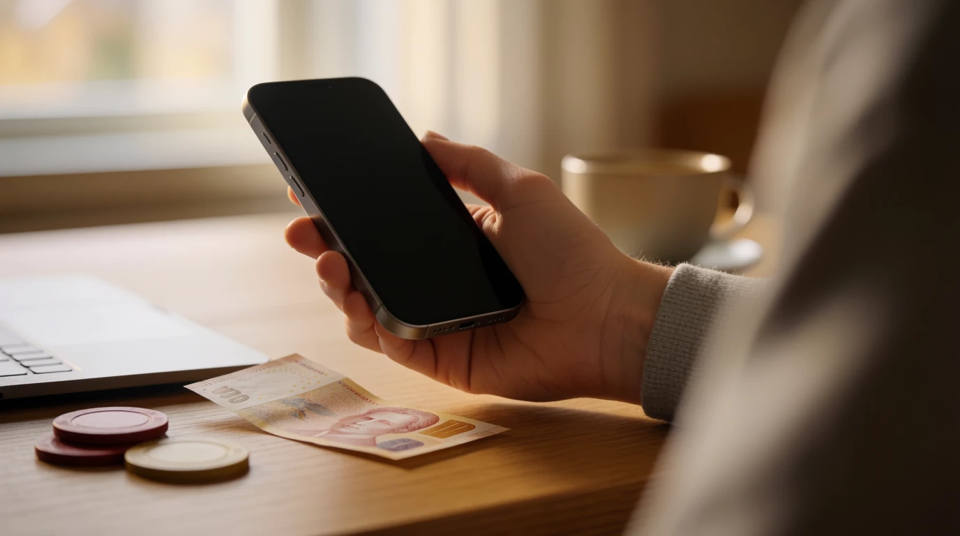 Hand med mobiltelefon vid sidan av svenska sedlar och casinomarker på bordet