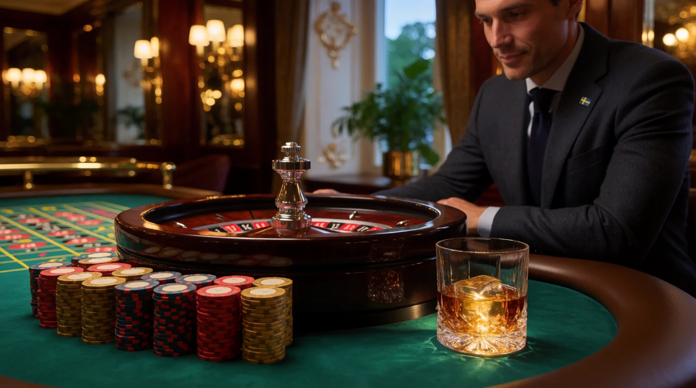 Stilfull casinomiljö med roulettebord, jetonger och varm belysning