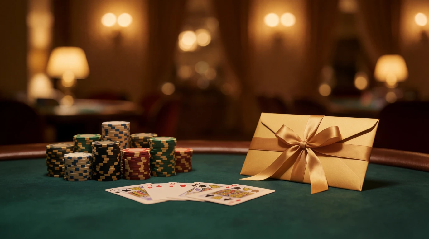 Elegant casinobord med marker, spelkort och ett gyllene välkomstkuvert i varm belysning