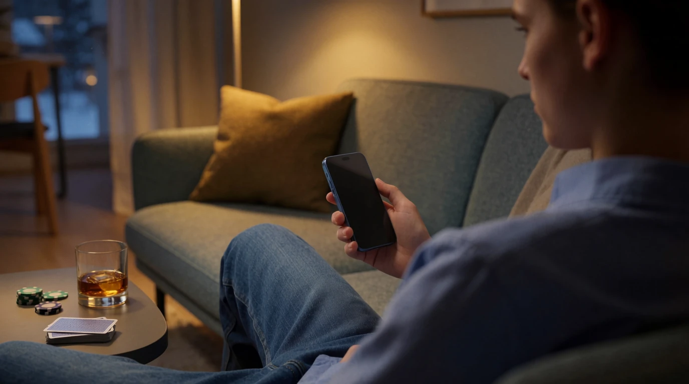 Person med telefon, spelmarker och kort i modern svensk lägenhet