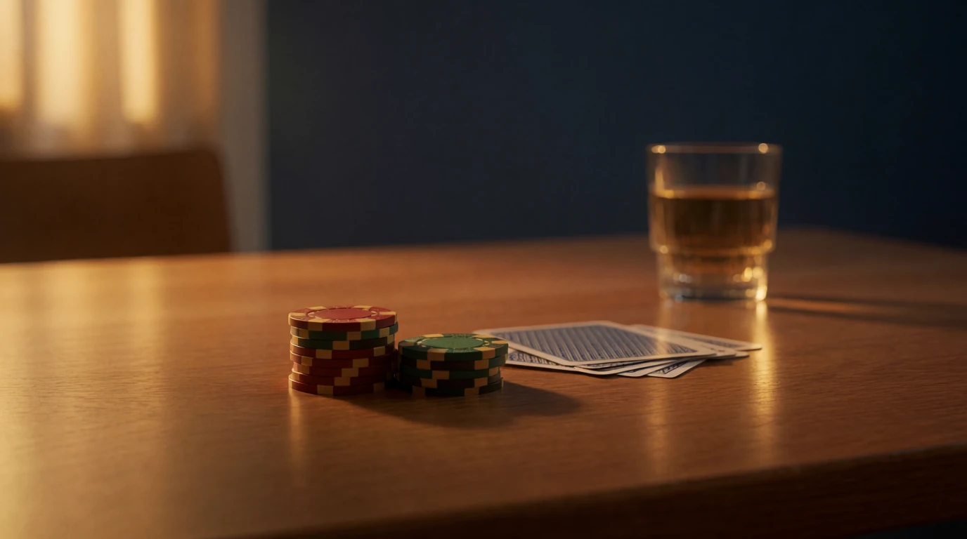 Casino marker och spelkort på ett svenskt träbord i varmt ljus