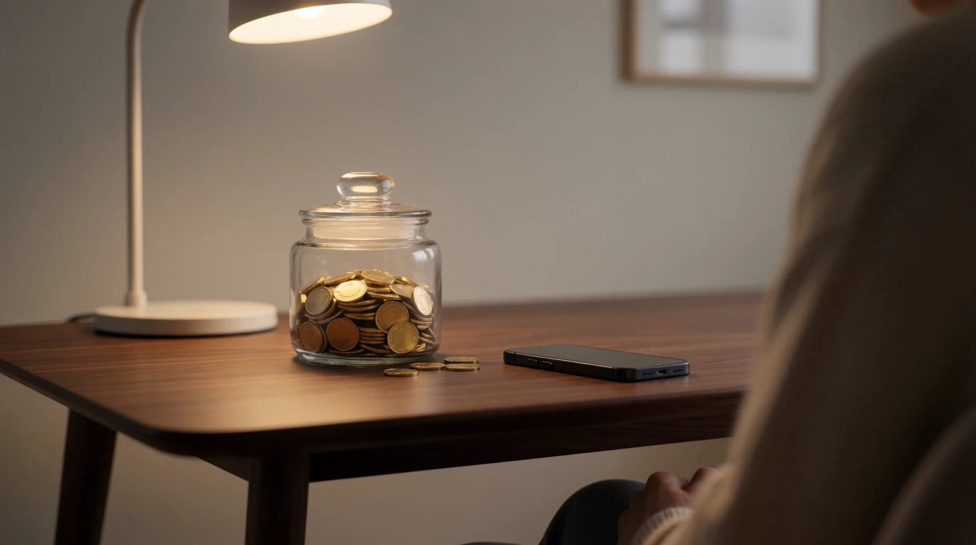 Glasburk med guldmynt på bord bredvid en nedåtvänd smartphone