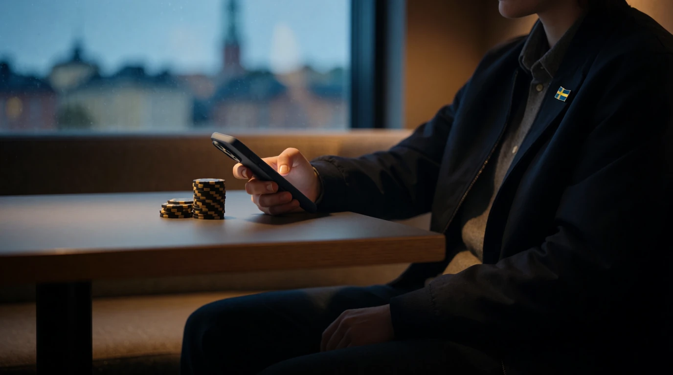Person vid ett bord med casinofigurer och nedåtvänd mobiltelefon i svensk loungemiljö