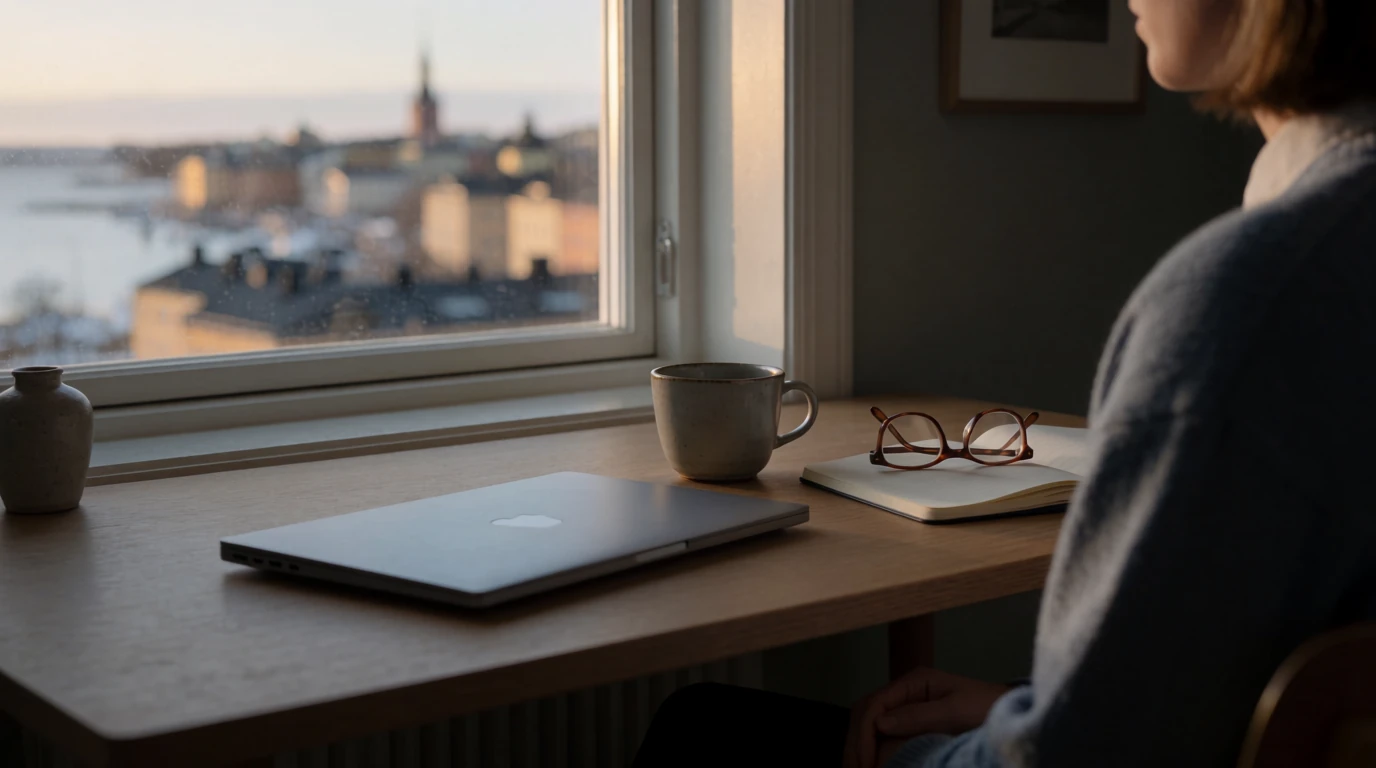 Person vid skrivbord med kaffe och stängd laptop vid fönster mot europeisk stad.