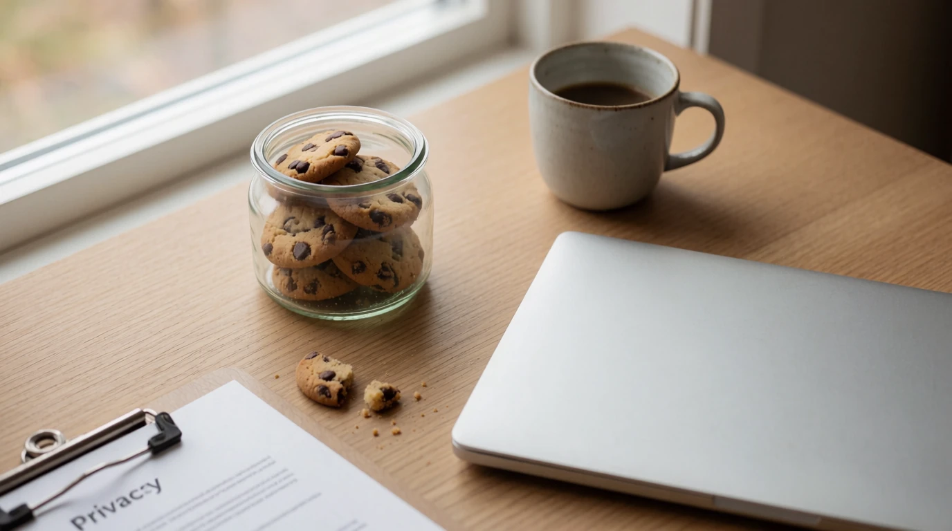 En burk med chokladkakor på ett skandinaviskt skrivbord bredvid en laptop.
