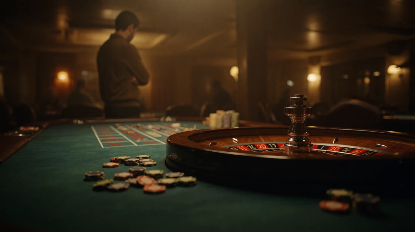 Mörkt casinogolv med roulettebord och marker
