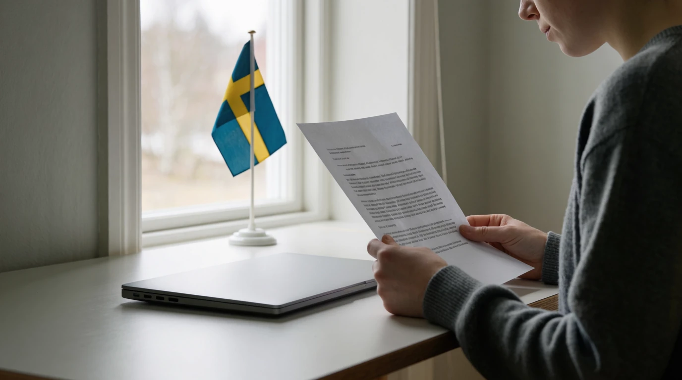 Person som lugnt läser villkor vid ett skrivbord i skandinavisk stil