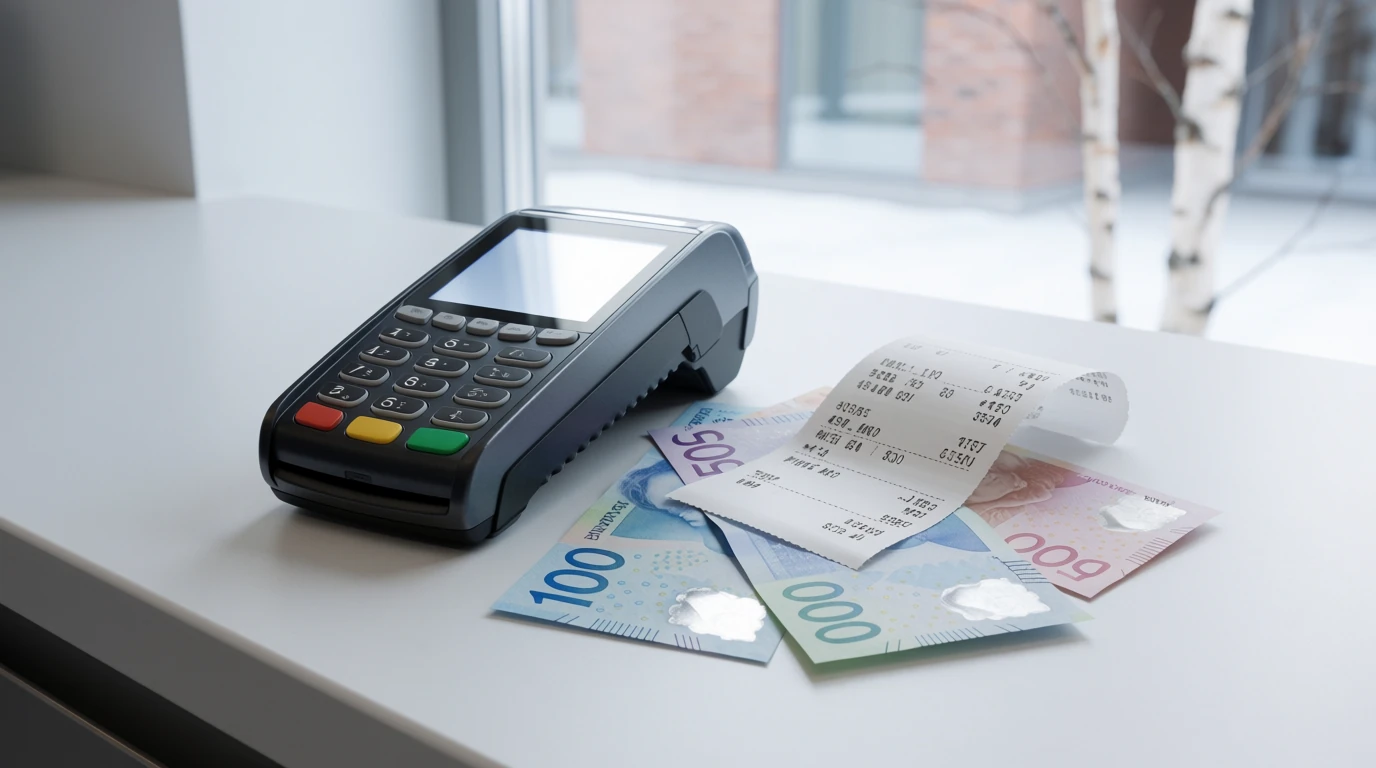 Betalterminal och svenska sedlar på en ljus bänk
