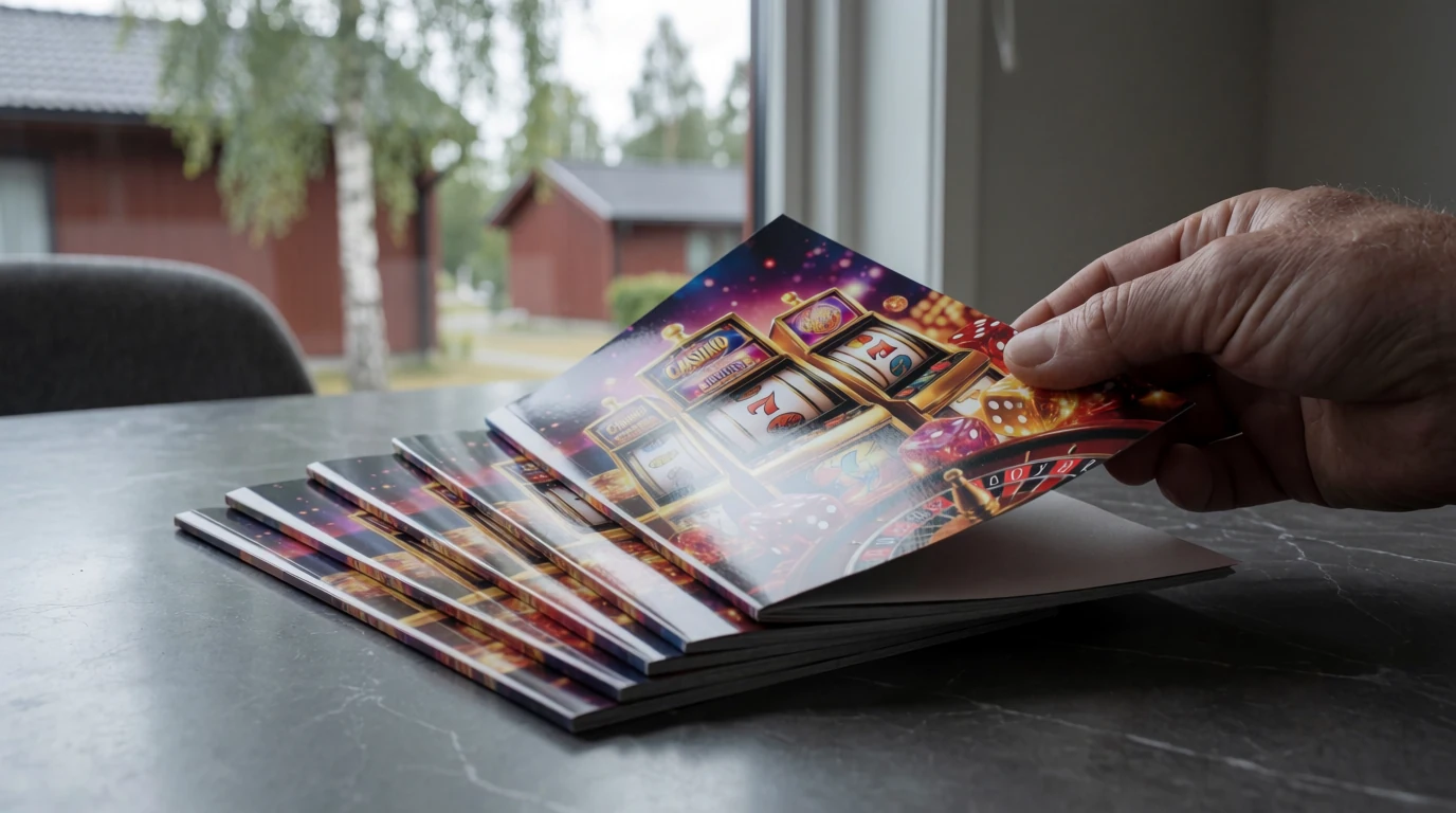 Hand som lyfter ett hörn av en blank casinobroschyr