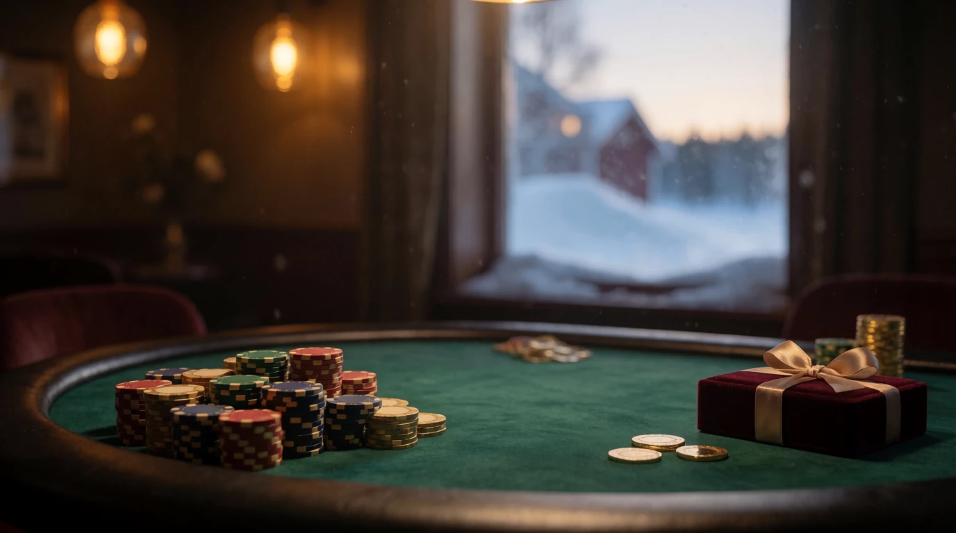 Casinomarker i högar och en gåvoask på filtbord med snöigt vinterfönster