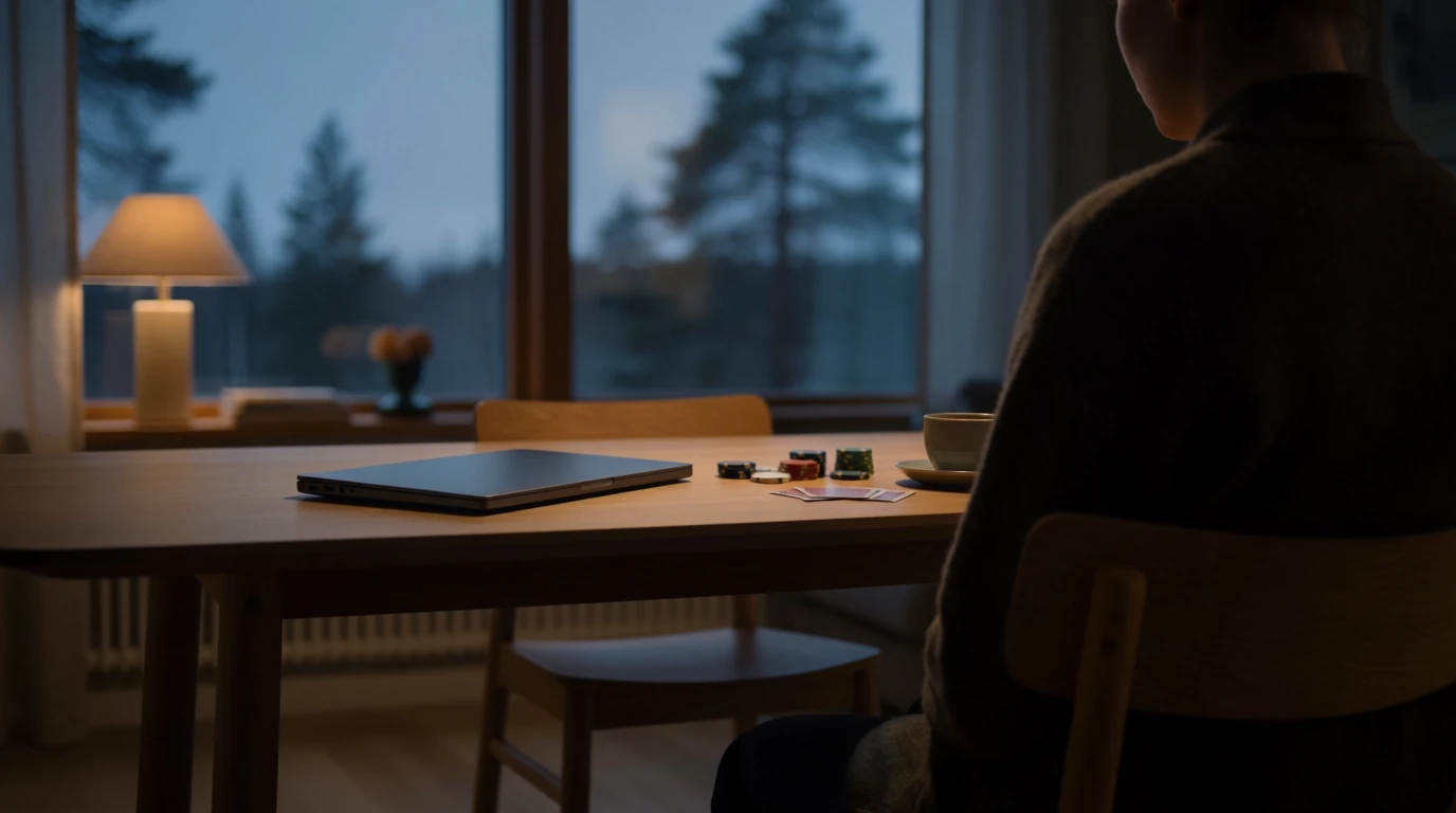 Person vid bord med casinoföremål i svensk lägenhet