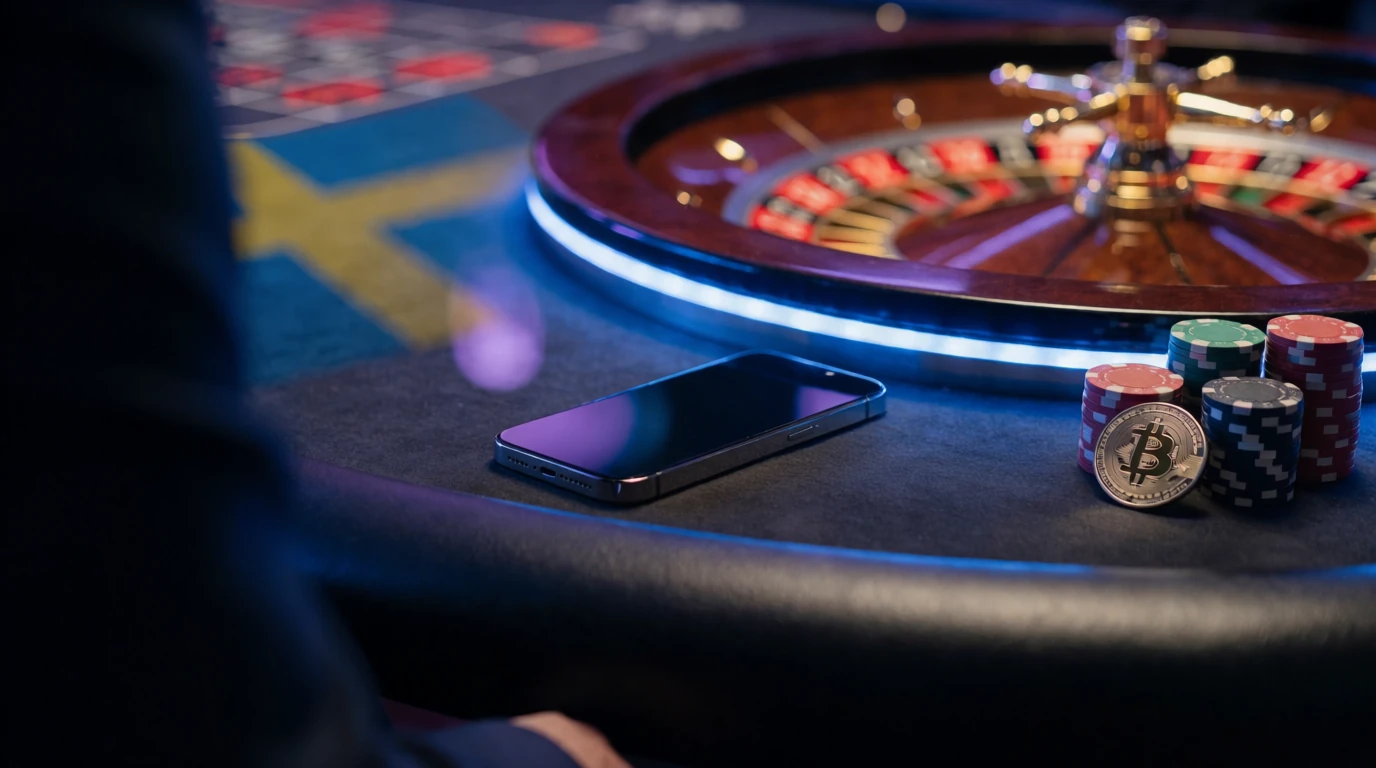 Kryptovaluta-token och casinofigurer på ett mörkt bord med smartphone