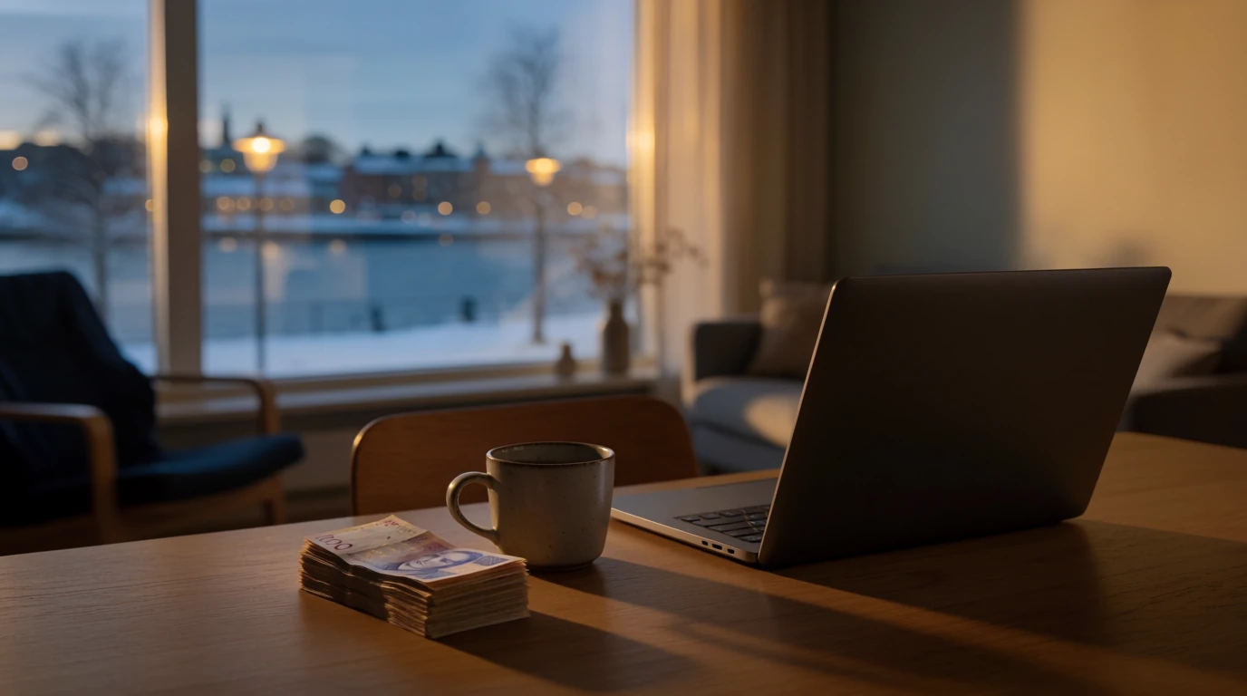 Svensk kronor sedlar och stängd laptop på ett träbord vid fönster med Stockholms vintervy