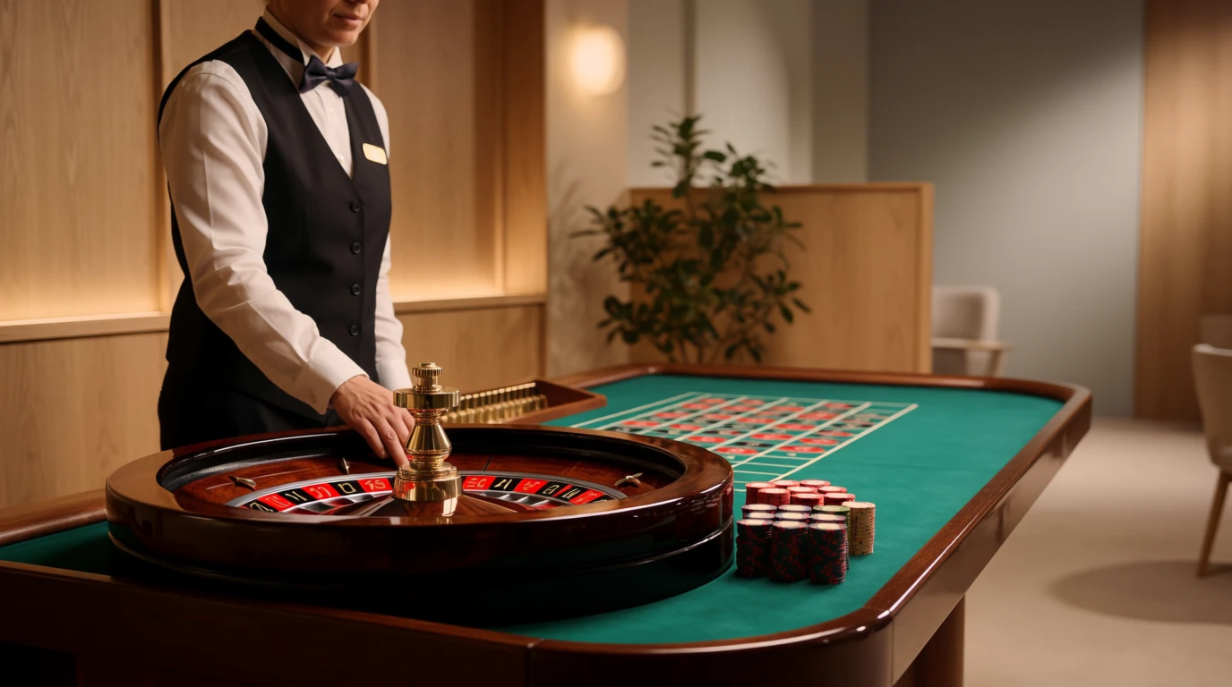 Croupier vid ett roulettebord i en svensk casinostudio