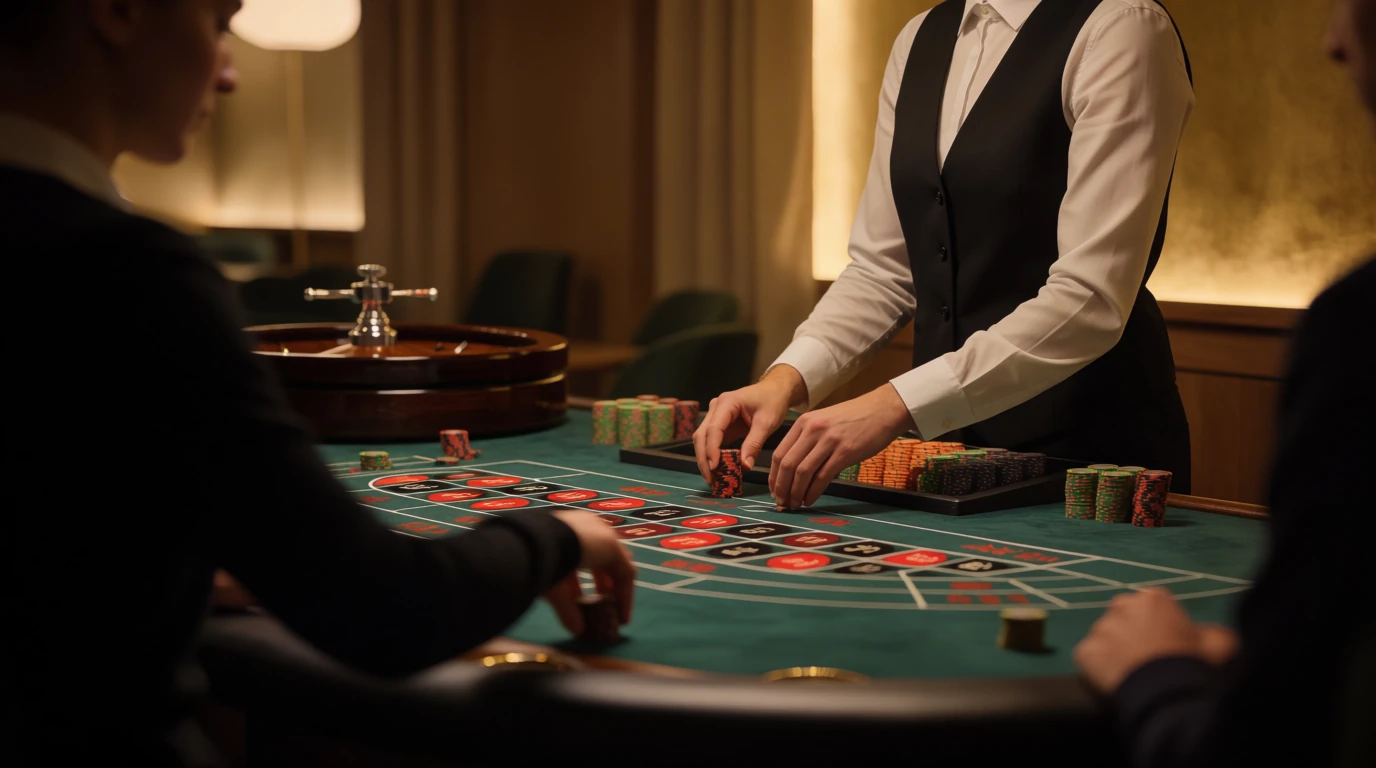 Live dealer vid roulettebord med insatser i ett modernt casino