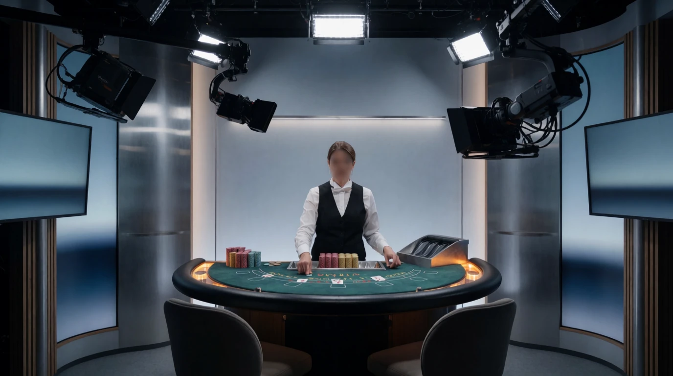 Professionell live casinostudio med dealer vid blackjackbord under studioljus