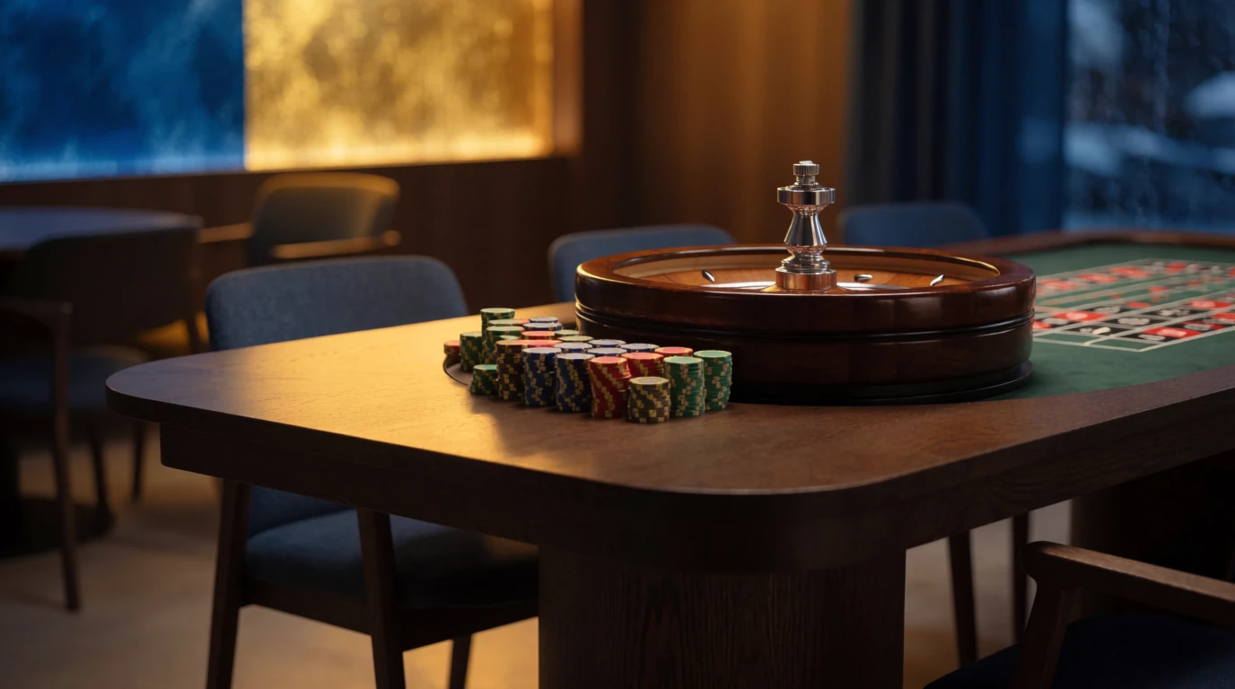 Modernt skandinaviskt rum med roulettehjul och casinomarker på bordet
