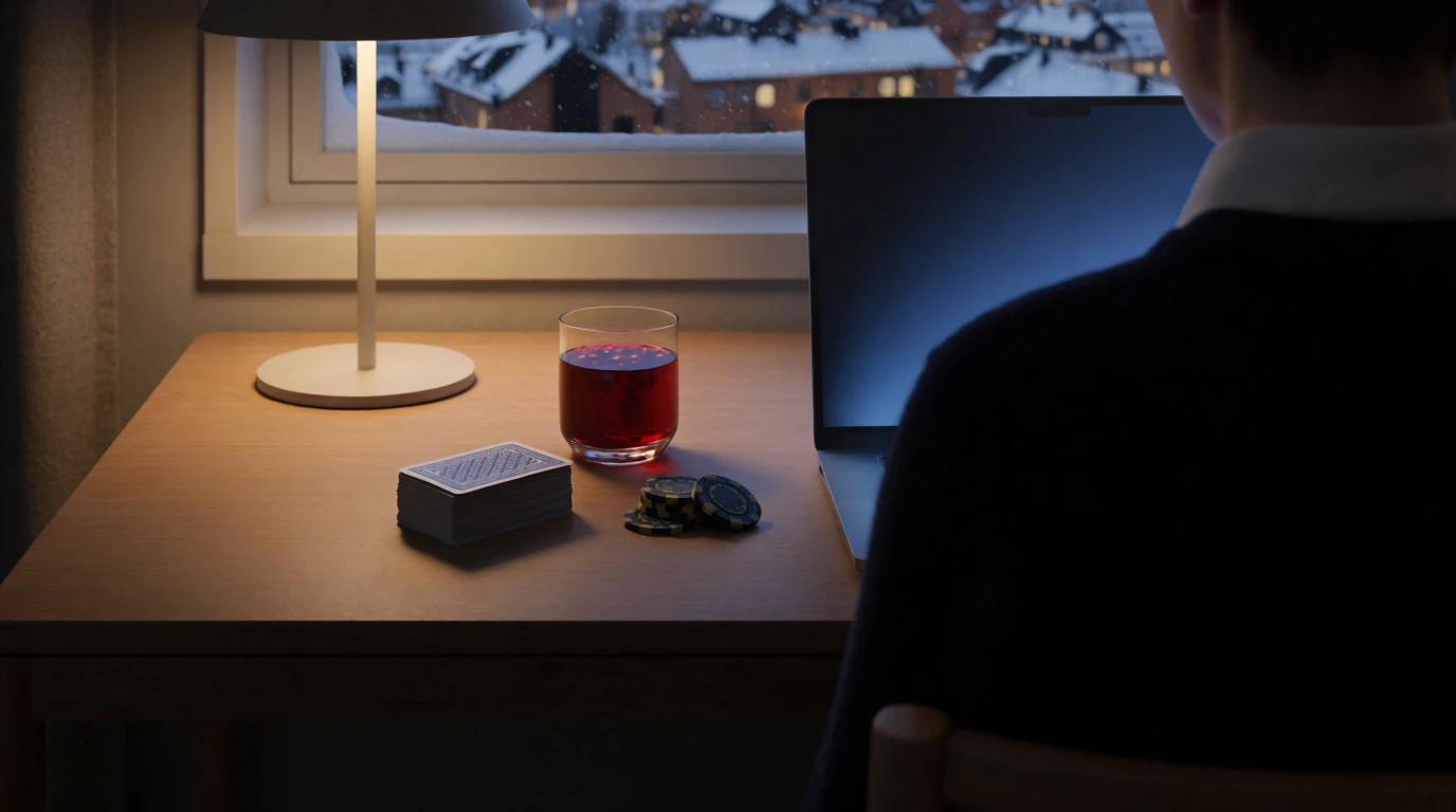Modern svensk hemmakontor med blackjacktillbehör och laptop