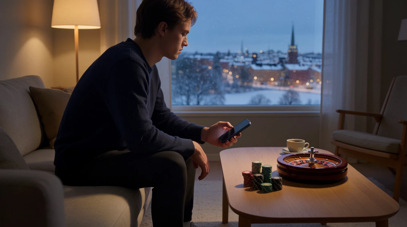 Modernt vardagsrum med casinotema och svensk utsikt genom fönstret